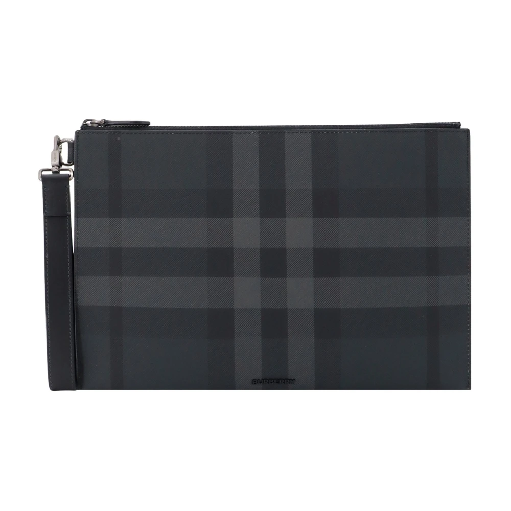 Burberry Check Motif Coated Canvas Clutch Gray Heren