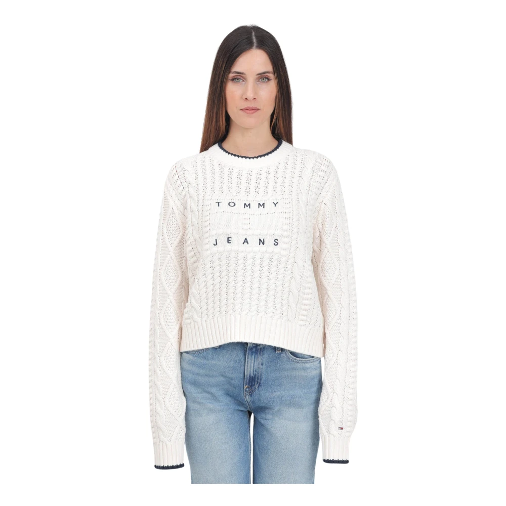 Tommy Jeans Crème Kabel Gebreide Crew-Neck Sweater White Dames