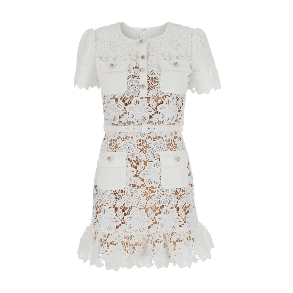 Self Portrait Witte Bloemenkant Mini Jurk met Juweelknopen White Dames