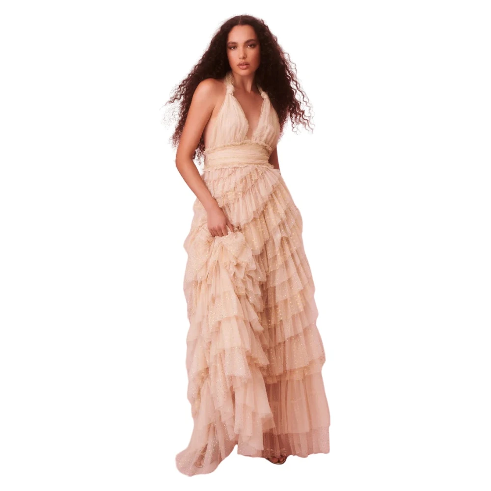 Loveshackfancy Glitter Tulle Halter Maxi Jurk Beige Dames