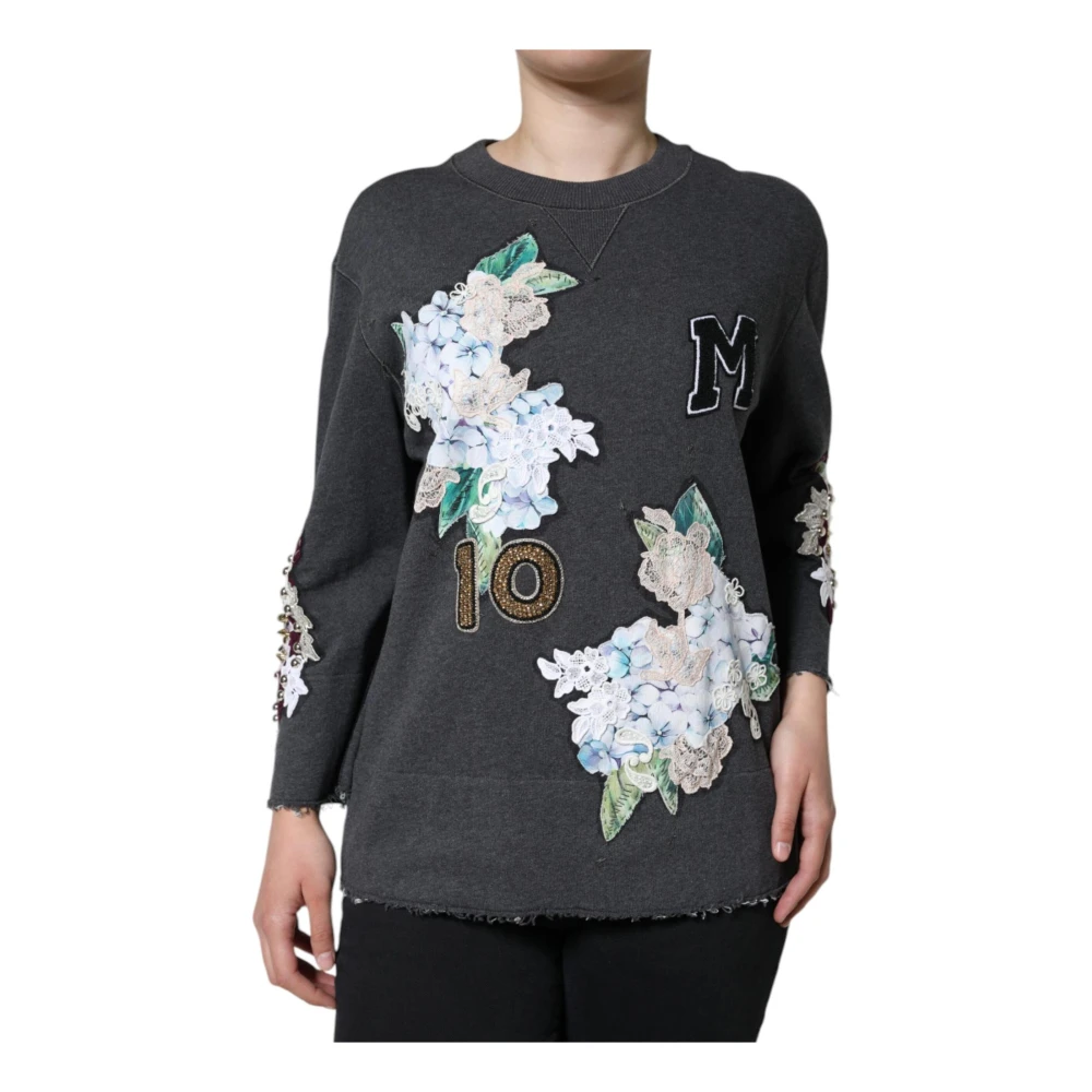 Dolce & Gabbana Women's Gray Floral Crewneck Sweater With Logo Details