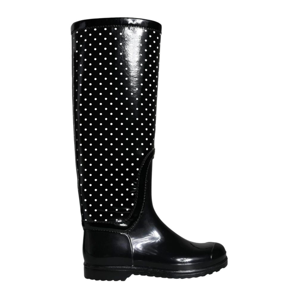 Dolce & Gabbana Women's Black Polka Dot Rubber Knee High Boots - Wellies - 2 Uk - Shoes