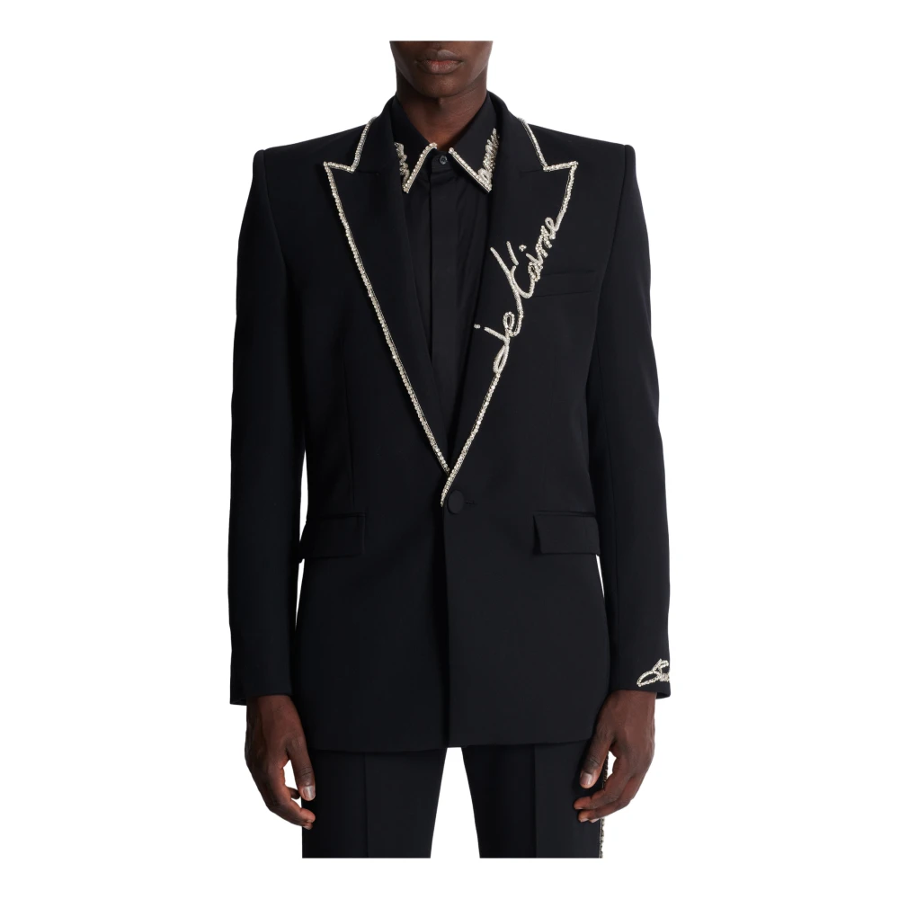 Balmain 1-button jas met geborduurde "Love Letter" kraag Black Heren