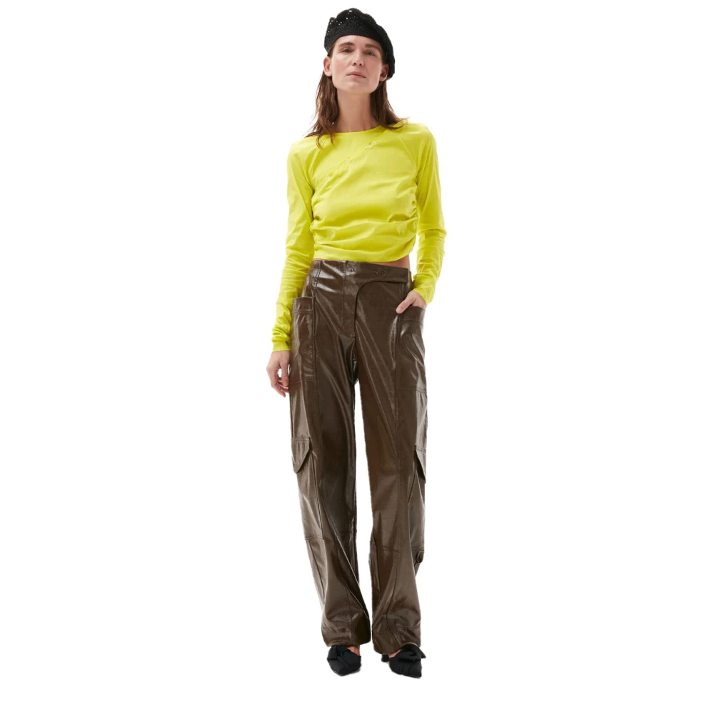 Ganni Glanzende vegan leren broek Brown Dames