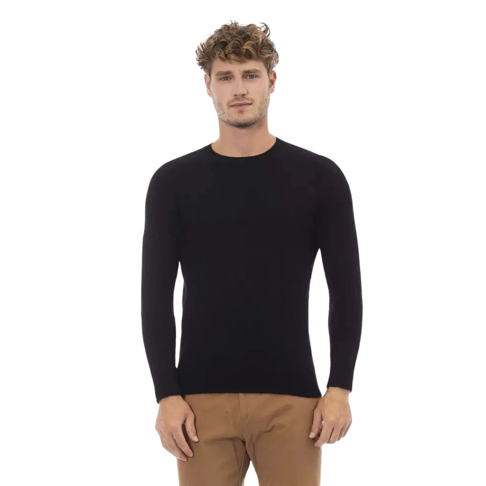 Alpha Studio Elegante Ronde Hals Pullover in Luxe Mix Black Heren