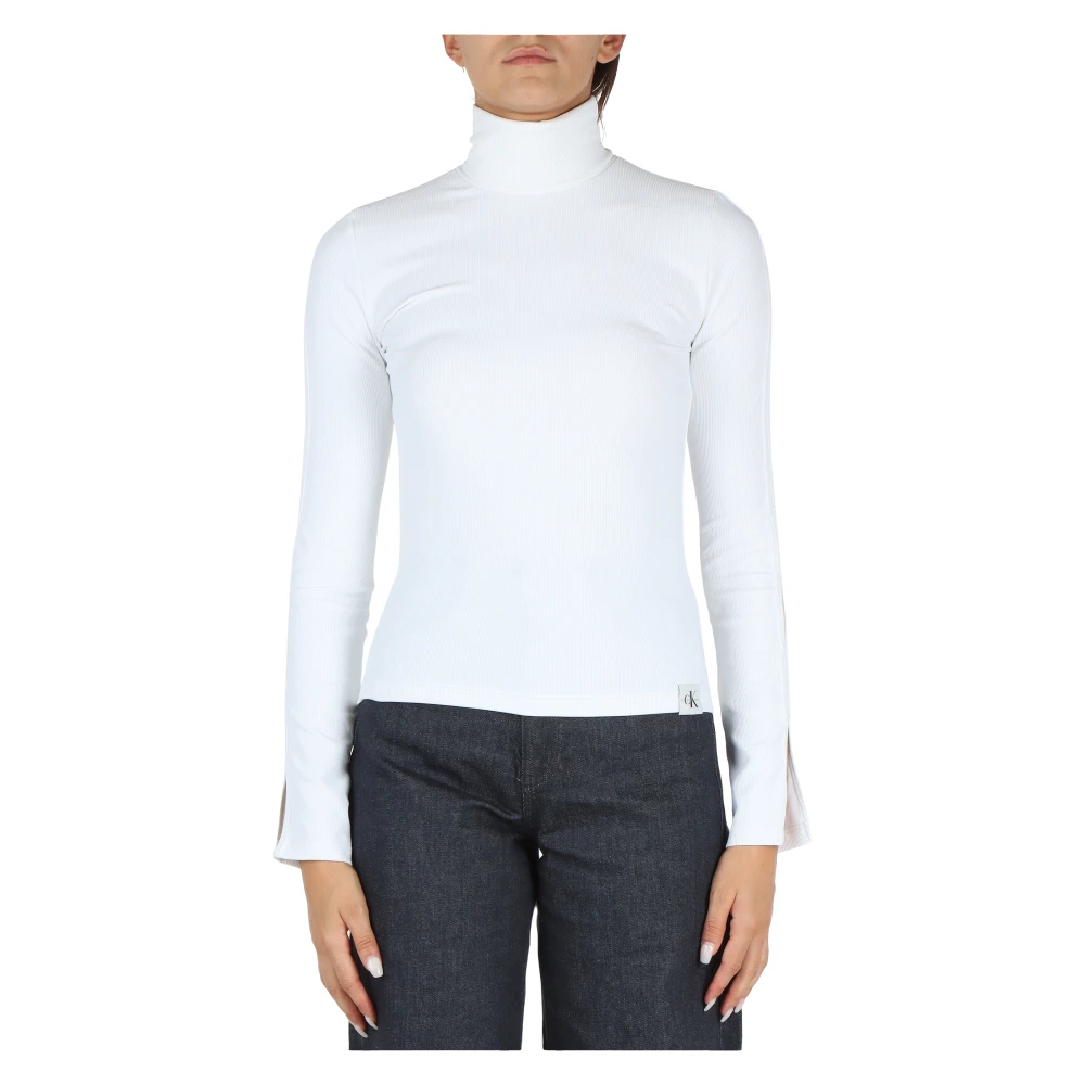 Calvin Klein Jeans Geribbelde T-shirt met hoge hals en uitgesneden mouwen White Dames