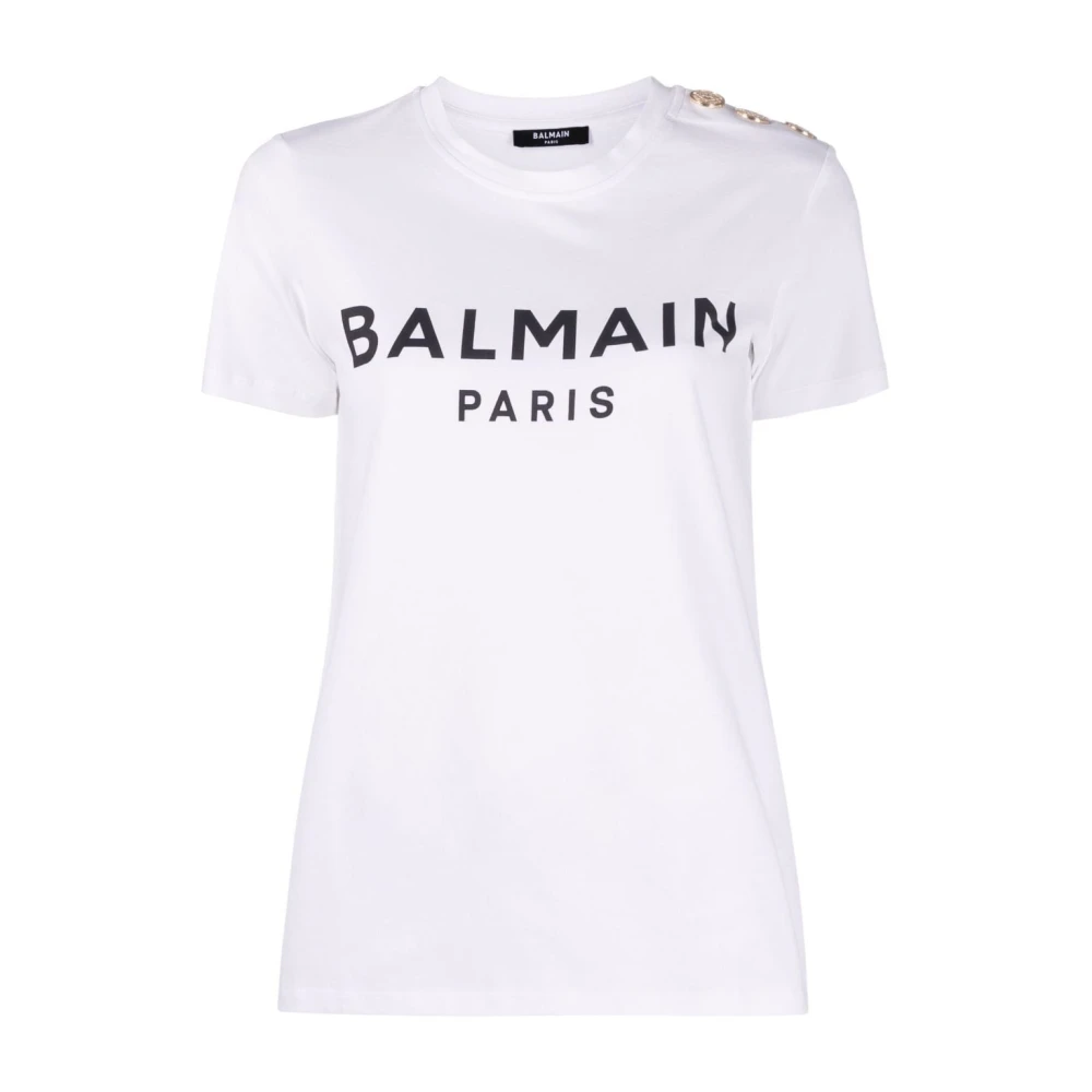 Balmain Logo T-shirt met knoopversiering White Dames