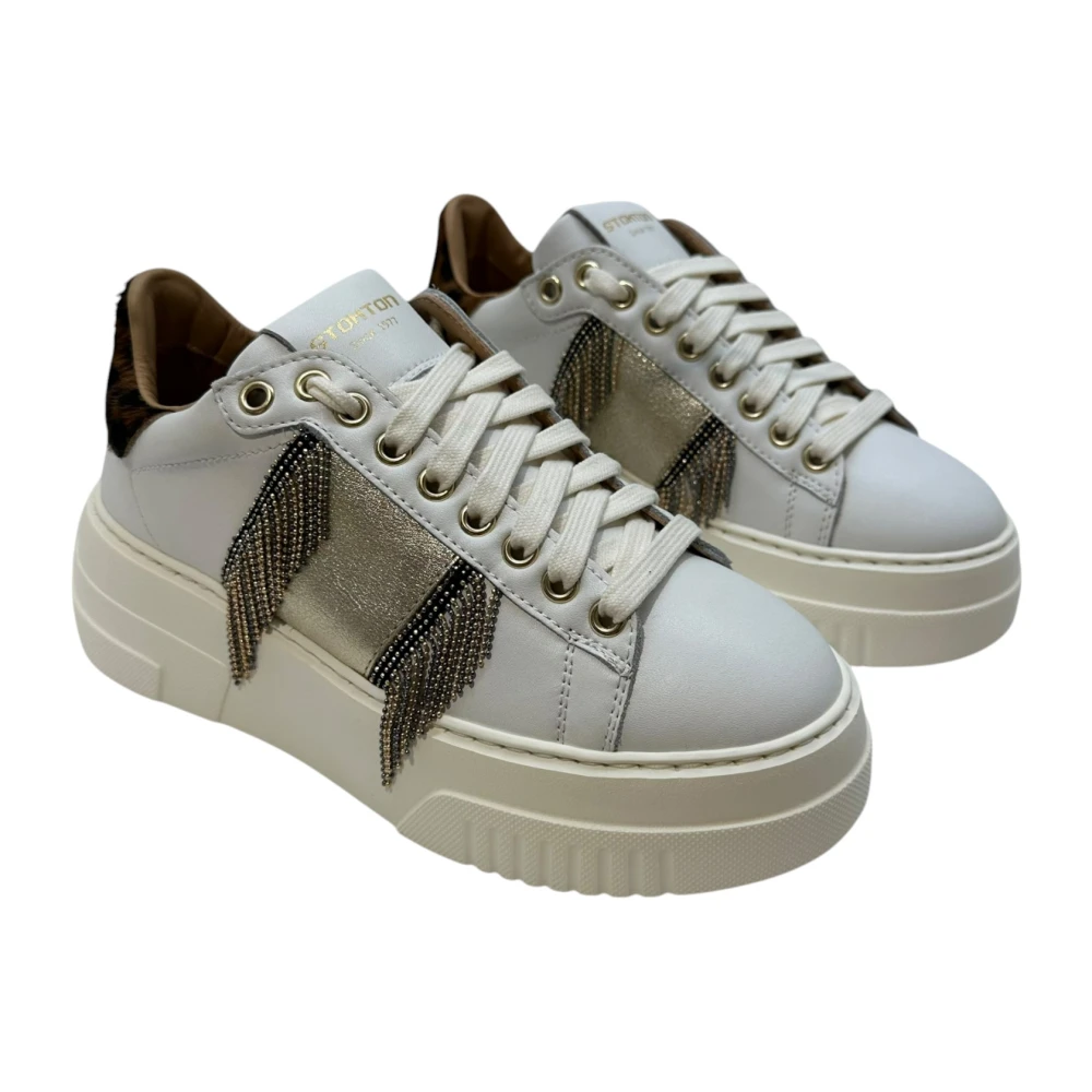 Stokton Sneaker met Luipaardprint en Franje White Dames