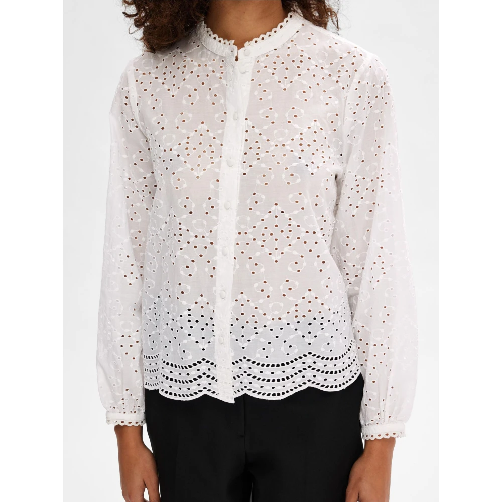 Selected Femme Geborduurde Katoenen Blouse met Geribbelde Kraag White Dames