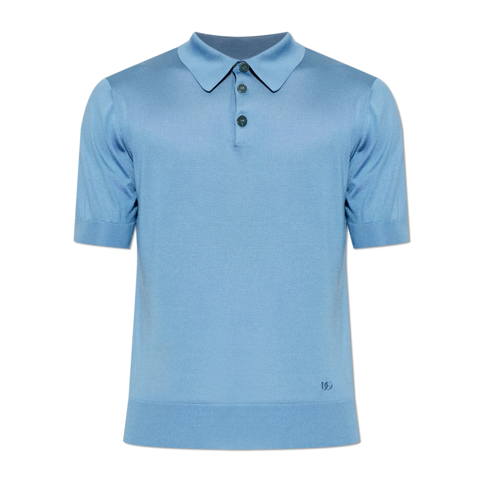 Dolce & Gabbana Men's Blue Silk Polo Shirt With Embroidered Logo