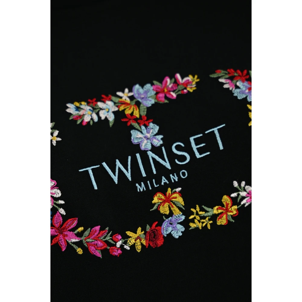 Twinset Zwarte Twin-set T-shirt met geborduurd bloemmotief Black Dames