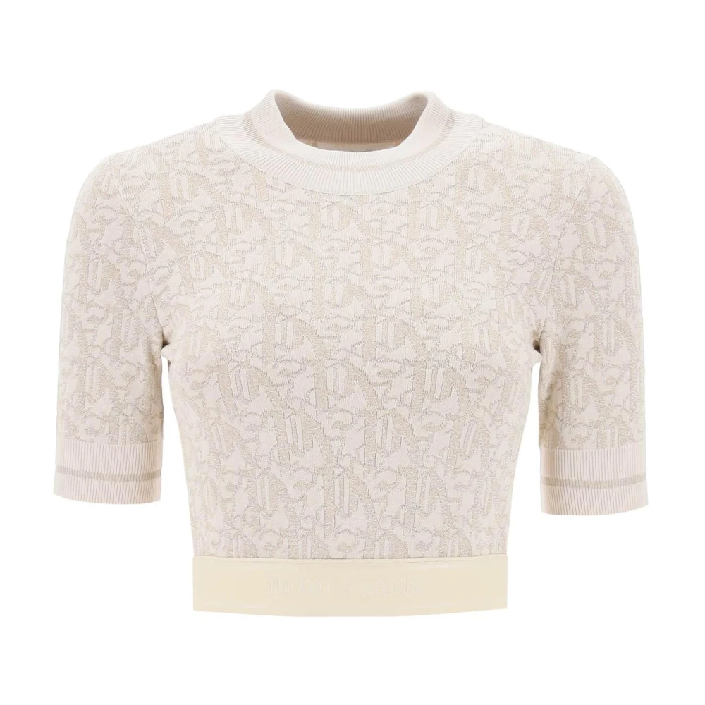 Palm Angels Monogram Lurex Stickad Crop Top Beige, Dam