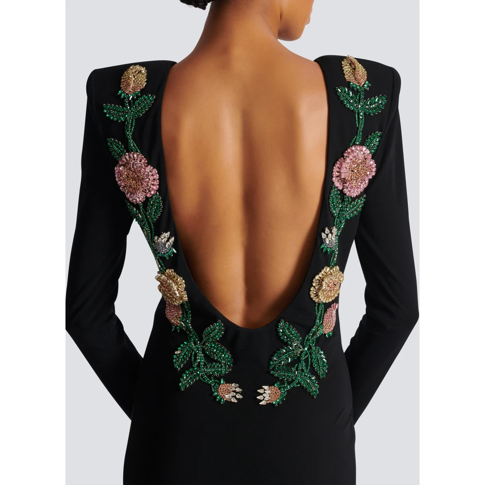 Balmain Lange rugloze jurk met rozenborduursel Black Dames
