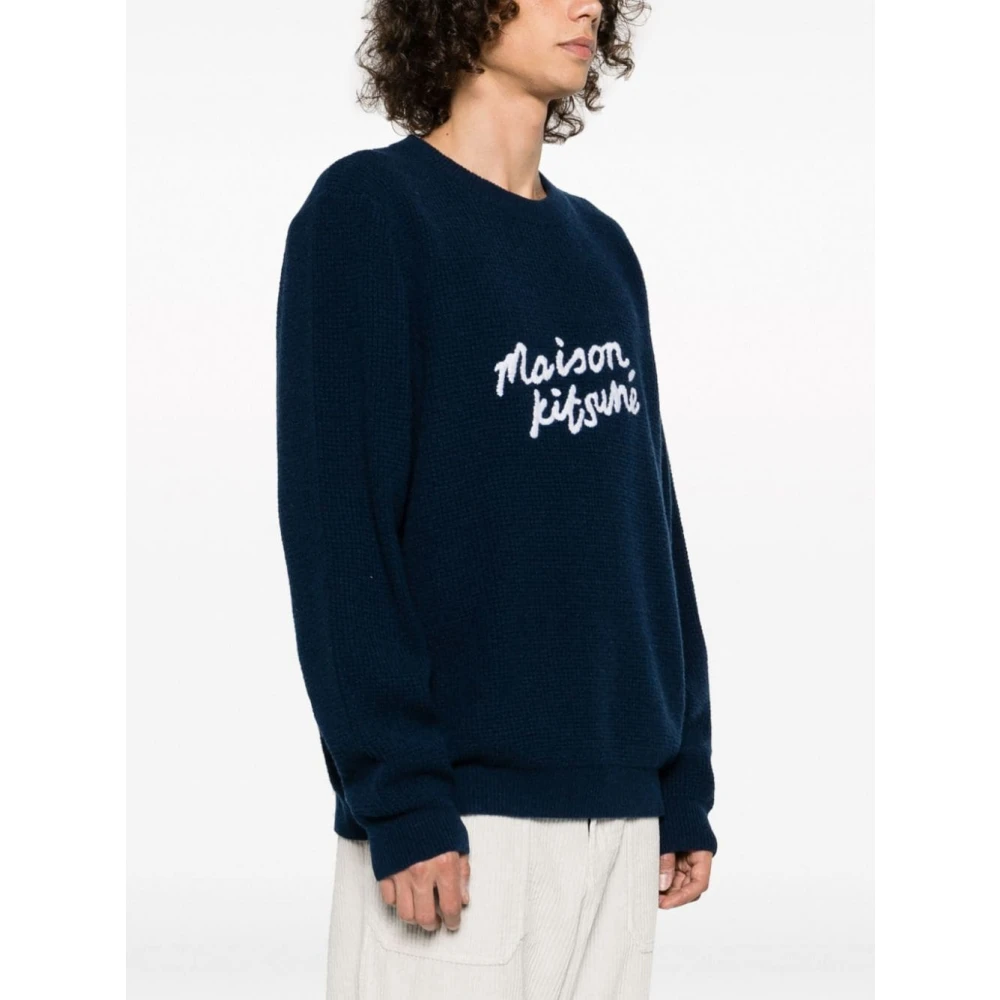 Maison Kitsuné Geborduurde Logo Wollen Trui Blue Heren
