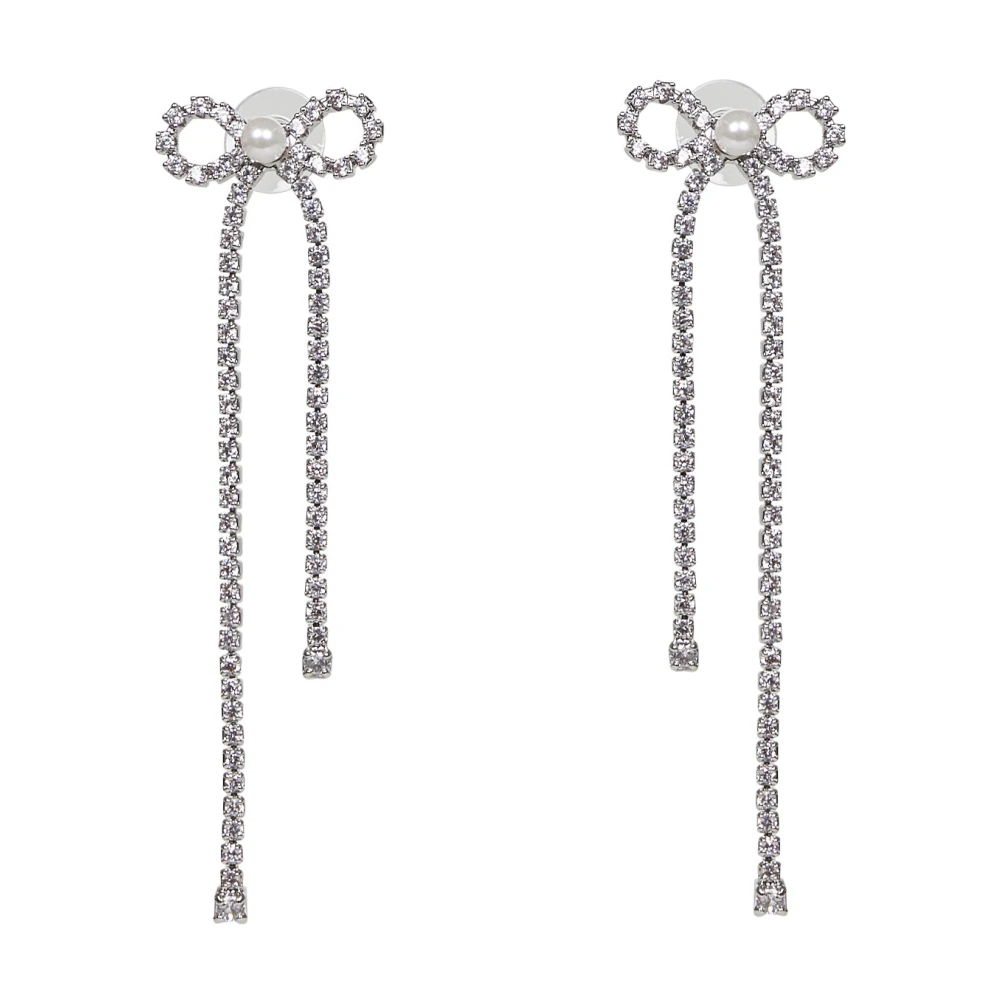 Self Portrait Women's Gray Crystal Droplet Bow Earrings
