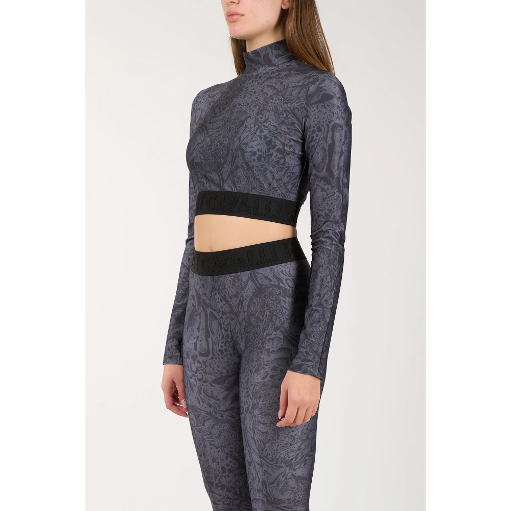 Just Cavalli Gedrukte Lycra Crop Top met lange mouwen Gray Dames
