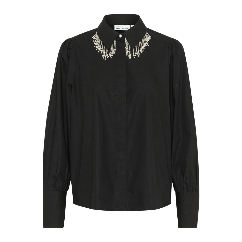 Karen by Simonsen Pofmouw Overhemdblouse met Parelfestoen Black Dames