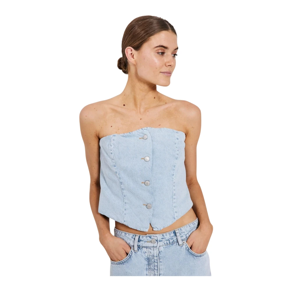Norr Denim Tube Crop Top met knopen Blue Dames