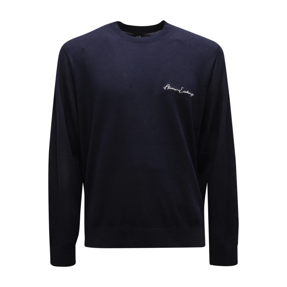 Armani , Round-Neck Knitwear, Male, Blue, 2XL, Wool Blend Crew Neck Jumper