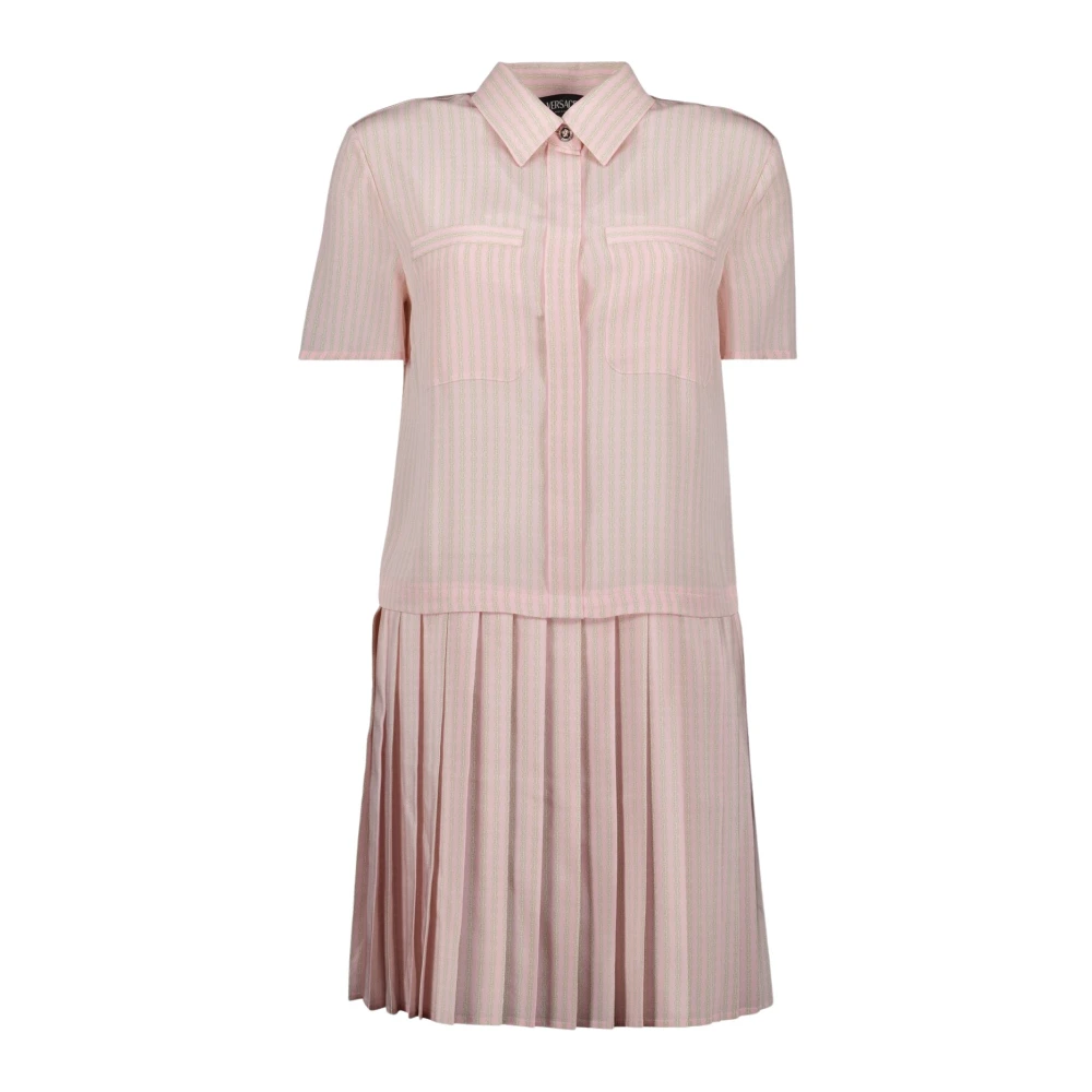 Versace Pink Shirt Dresses, Female, Xs, Silk Shirt Dress With Striped Print