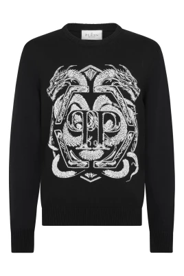 Embroidered Merino Wool Round Neck Pullover Hexagon Dragon