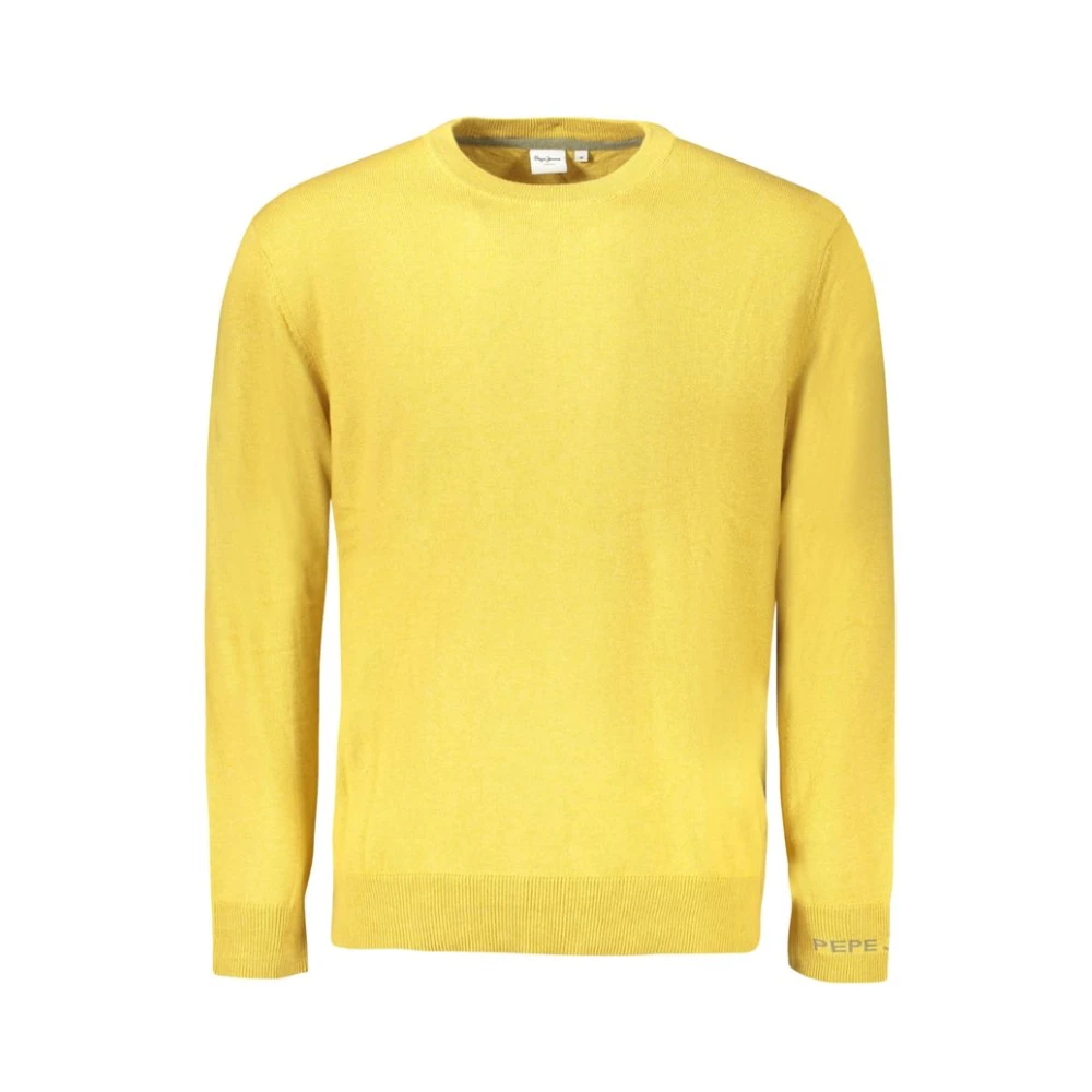 Pepe Jeans Men's Yellow Round-Neck Knitwear, L, Cotton Jumper With Embroidery