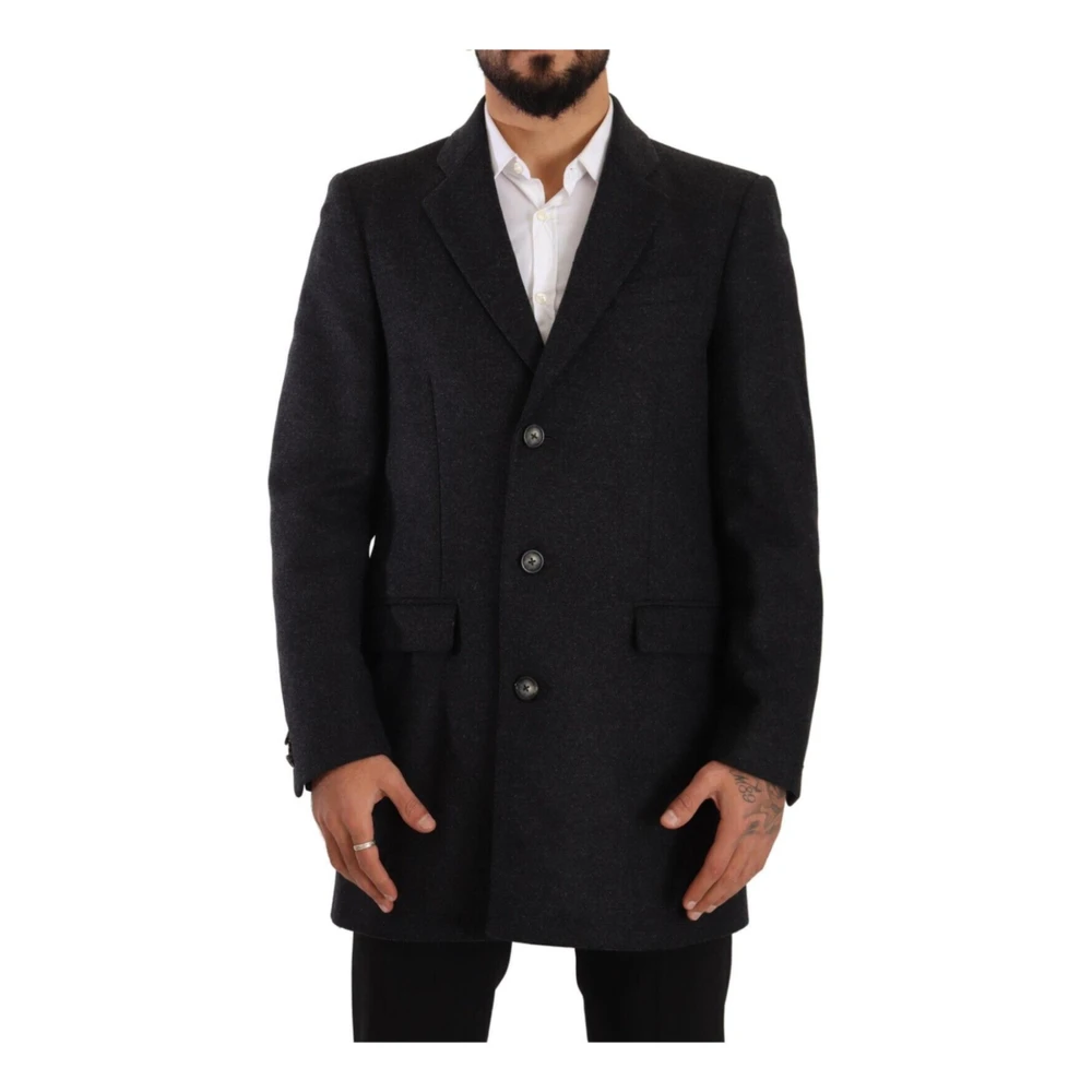 Dolce & Gabbana Men's Gray Single-Breasted Virgin Wool Coat With Logo Details