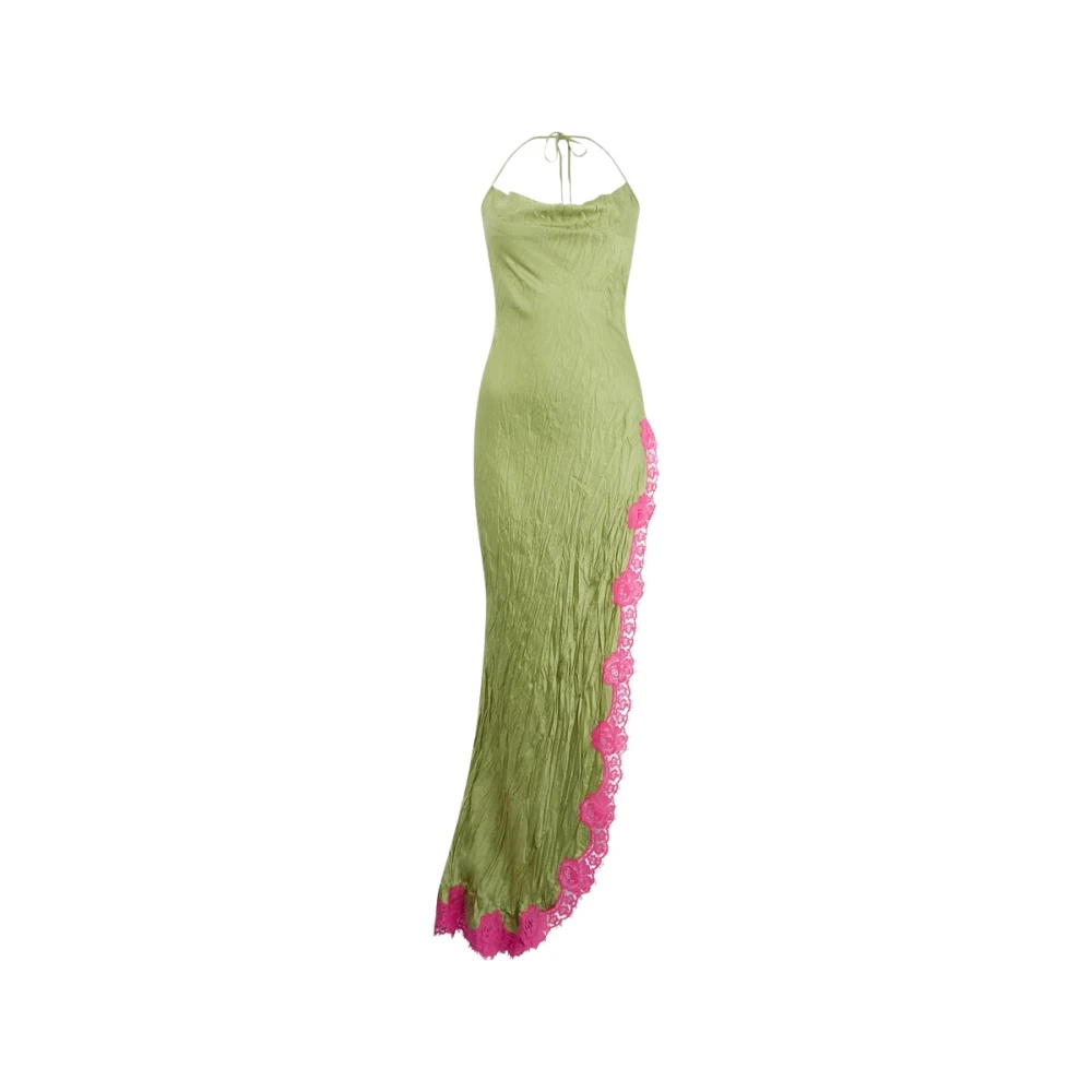 Roberto Cavalli Women's Green Gowns, M, Long Silk Dress With Lace Detail