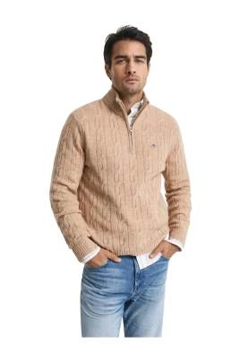 Beige Lambswool Cable Half Zip Sweater