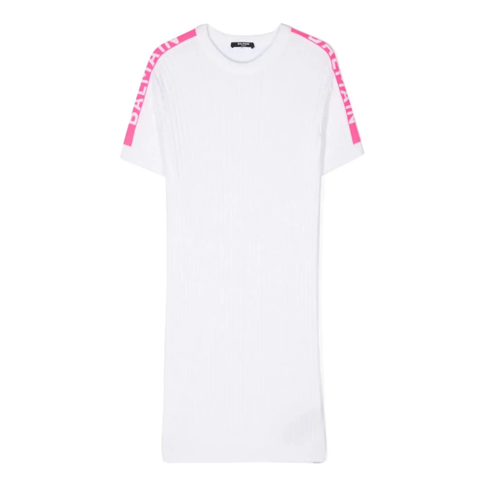 Balmain Ribbstickad Logo Jacquard Klänning White, Flicka