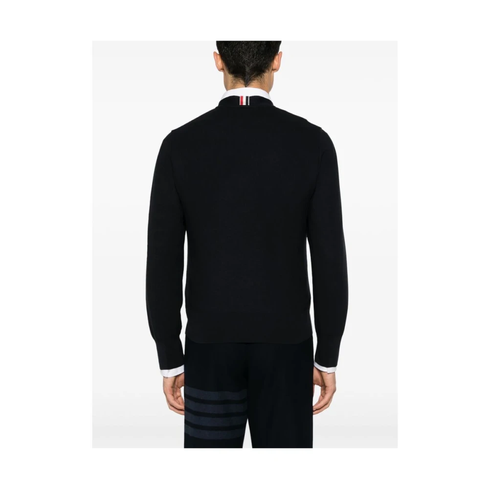 Thom Browne Navy Blauw Zijden V-Hals Trui Blue Heren