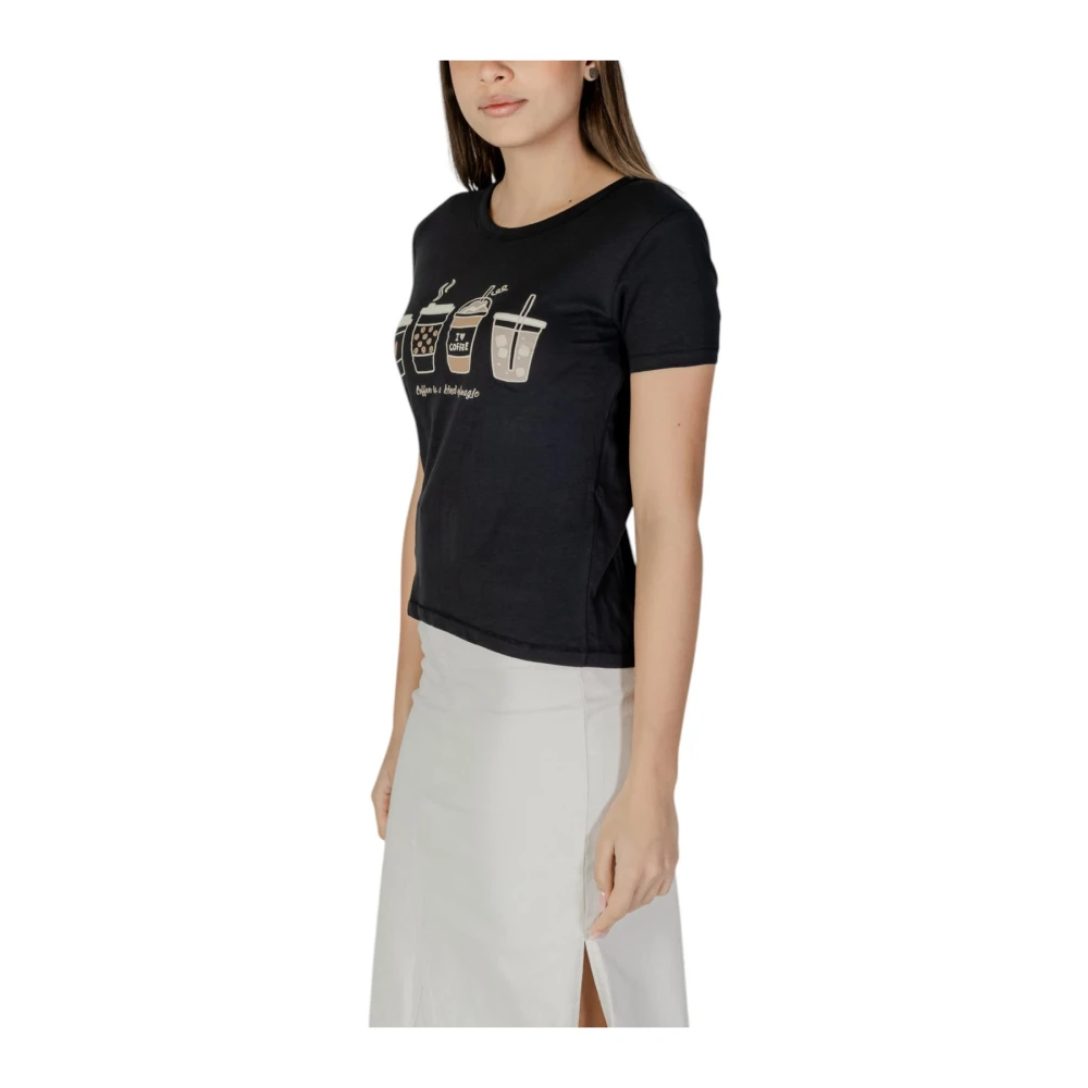 Jacqueline de Yong Zwart Bedrukt Katoenen T-Shirt Ronde Hals Black Dames