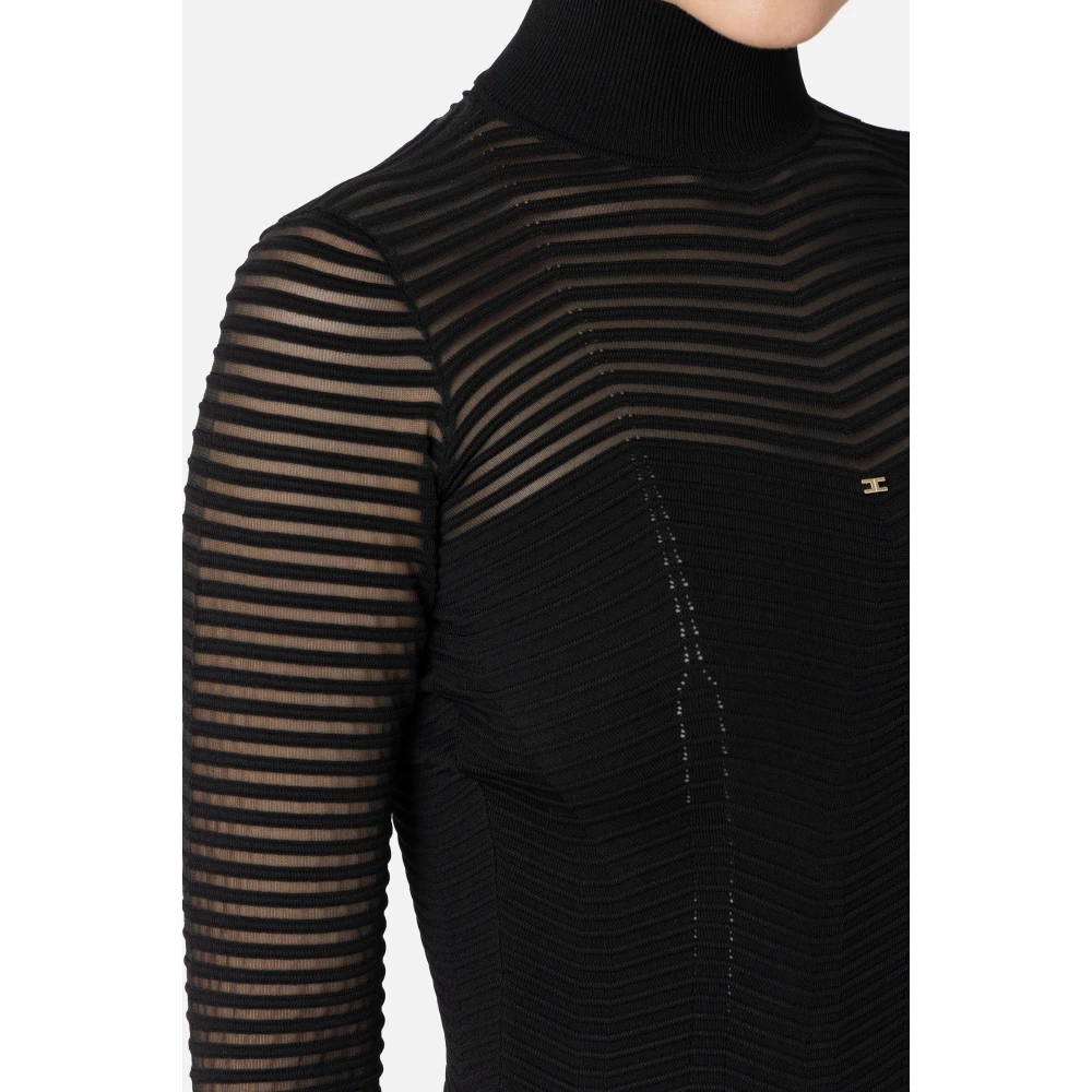 Elisabetta Franchi Zwarte Chevron Midi Jurk met Mesh Black Dames