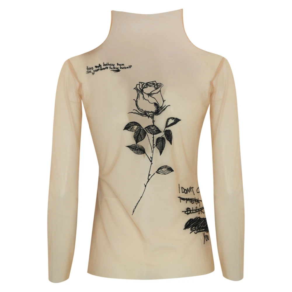 PATRIZIA PEPE Doorschijnende Mesh Lange Mouw Bloemen Top Beige Dames