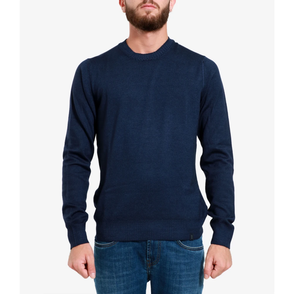 Fay Blauwe Wollen Trui met Geribbelde Details Blue Heren