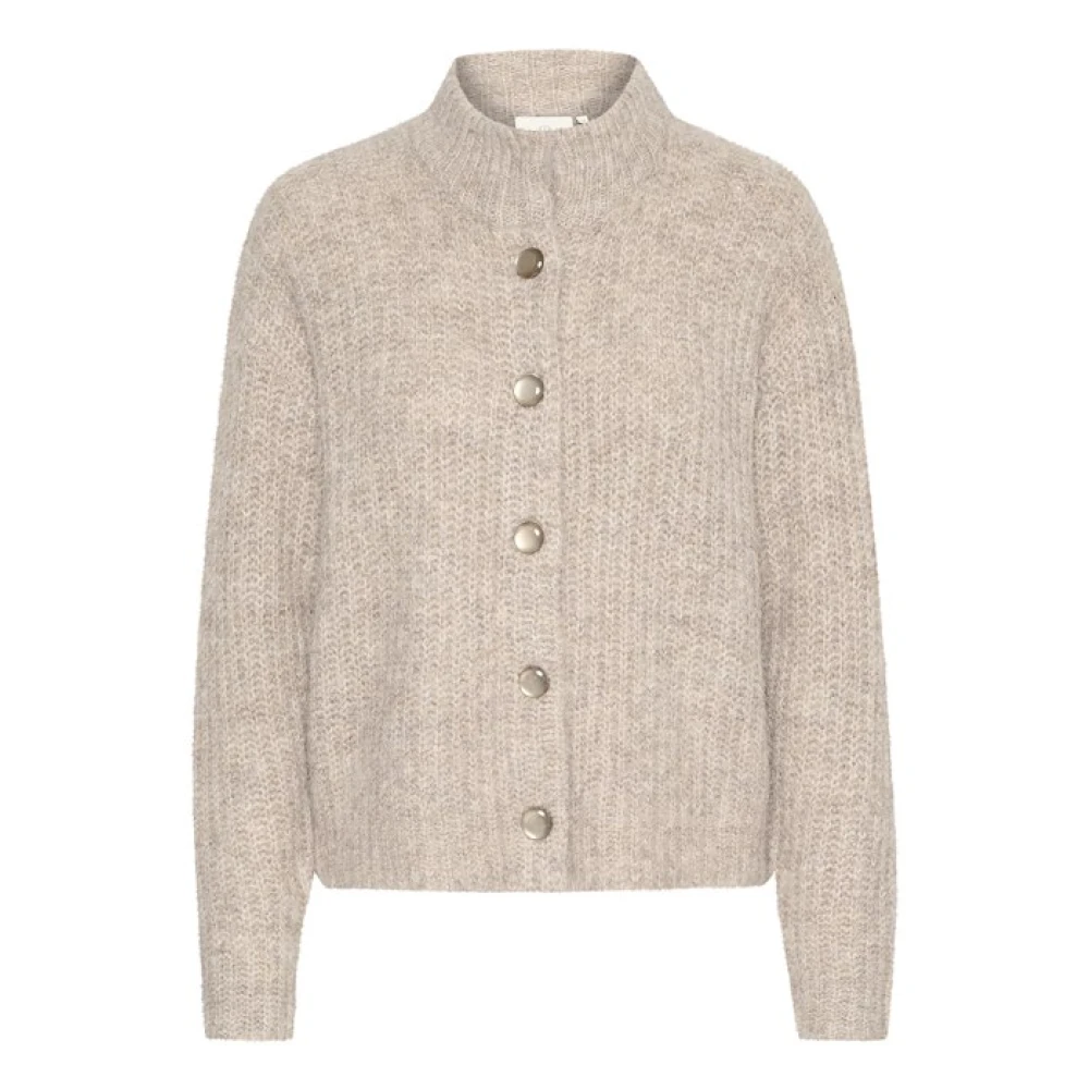 Kaffe Beige Cardigans, Female, L, High Neck Knit Cardigan With Buttons