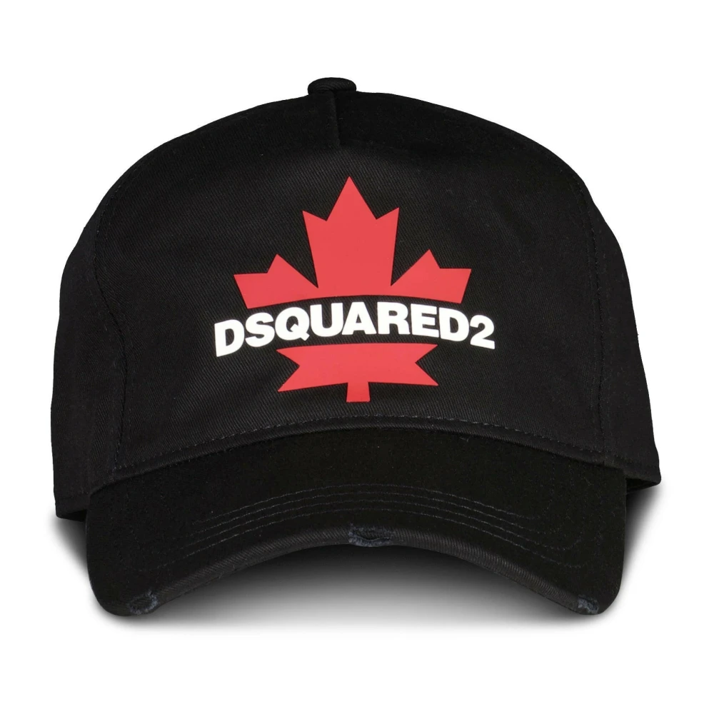 Dsquared2 Zwarte Hoed met Logo en Esdoornbladprint Black Heren
