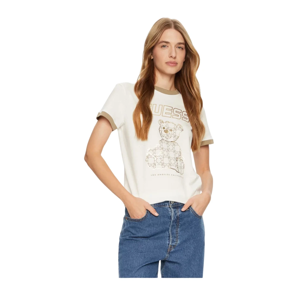 Guess Logo Print TShirt - Vit Rund Hals Kort Ärm White, Dam