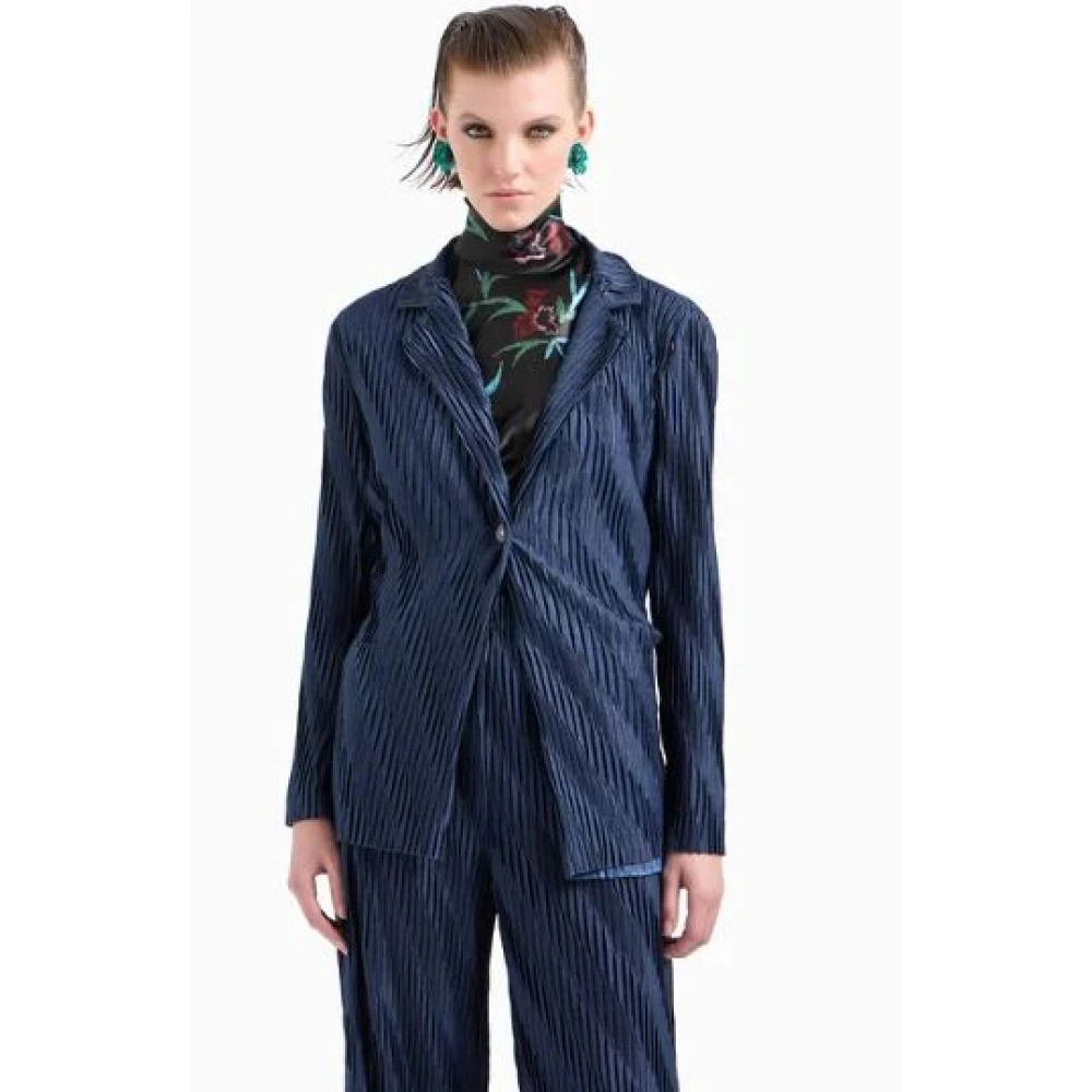 Giorgio Armani Blauwe Geplooide Jersey Jas Blue Dames