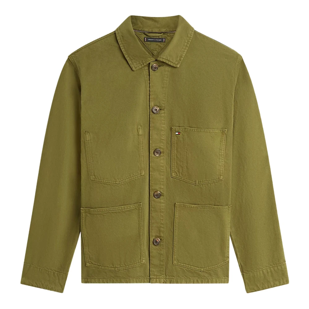 Tommy Hilfiger Men's Green Light Jackets, M, Washed Flag Embroidery Denim Chore Jacket