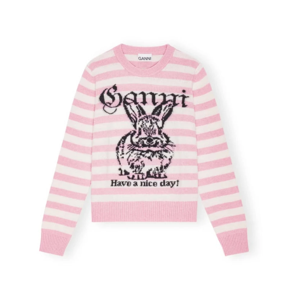 Ganni Pink Striped Bunny Crewneck Jumper - Female - Round-Neck Knitwear - S - Knitwear
