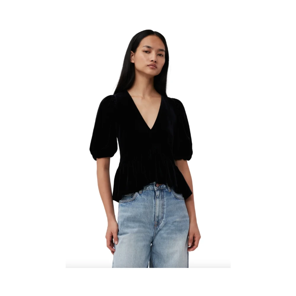 Ganni Zwarte Velvet V-Hals Blouse Black Dames