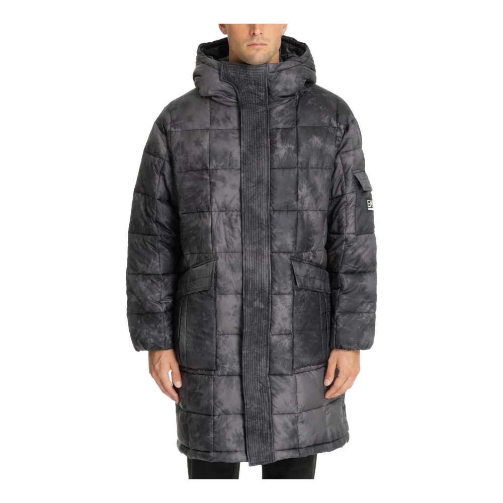 Emporio Armani EA7 Abstracte gewatteerde jas met capuchon en klittenband- en ritssluiting Black Heren