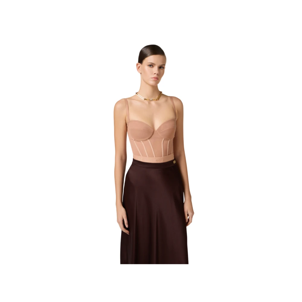 Elisabetta Franchi Nude Bustier Body Lingerie in Stretch Tule Beige Dames