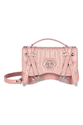 Shiny Crackle Leather Belt Handle Bag Medium Hexagon