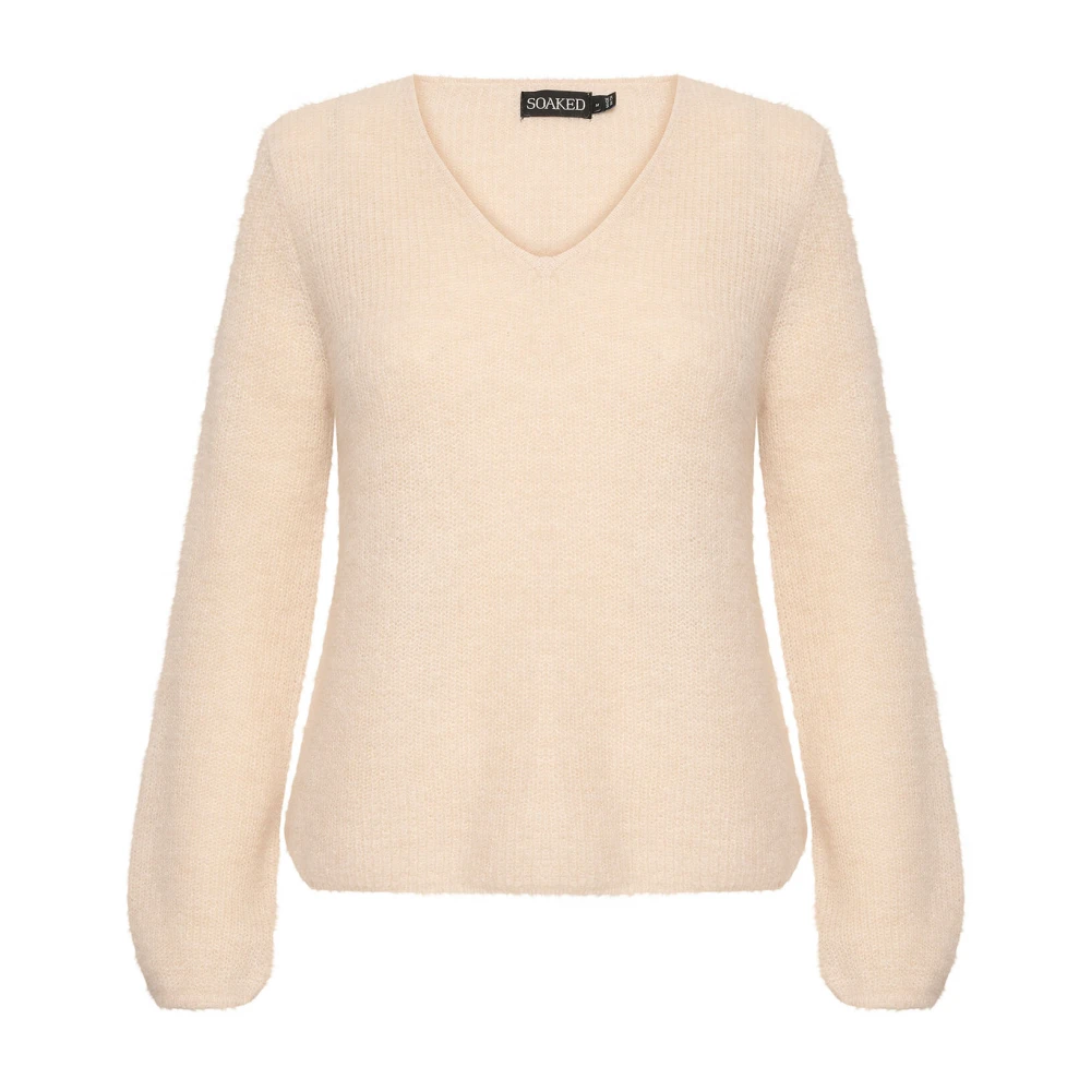 Soaked in Luxury Sandshell V-Neck Jumper met Pofmouwen Beige Dames
