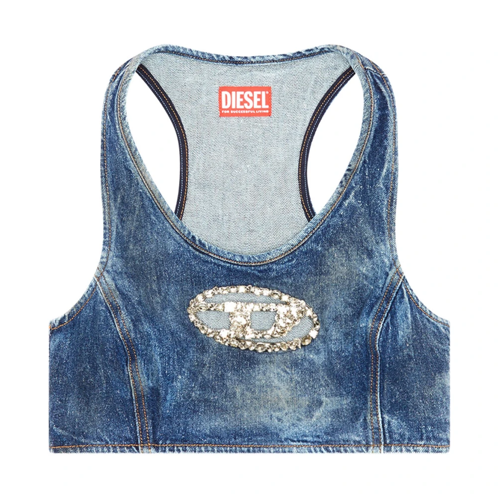 Diesel Cropped denim top with crystal plaque Blue Dames