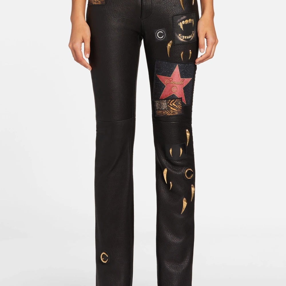 Roberto Cavalli Leren Rechte Pijp Versierde Broek Black Dames