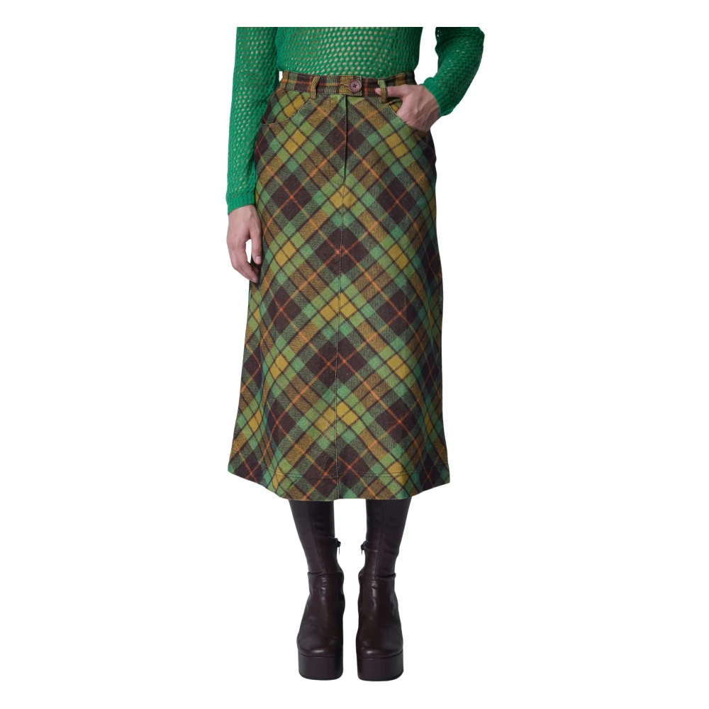 Manoush Geruite Fluwelen Rok met Voorsplit Green Dames