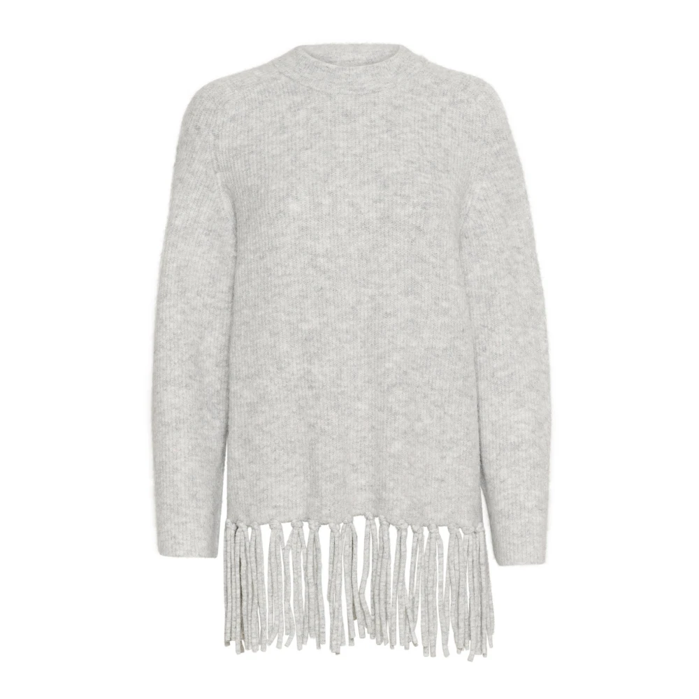 Kaffe Women's Gray Round-Neck Knitwear,, Grey Melange Knit Pullover With Fringes Extra Small